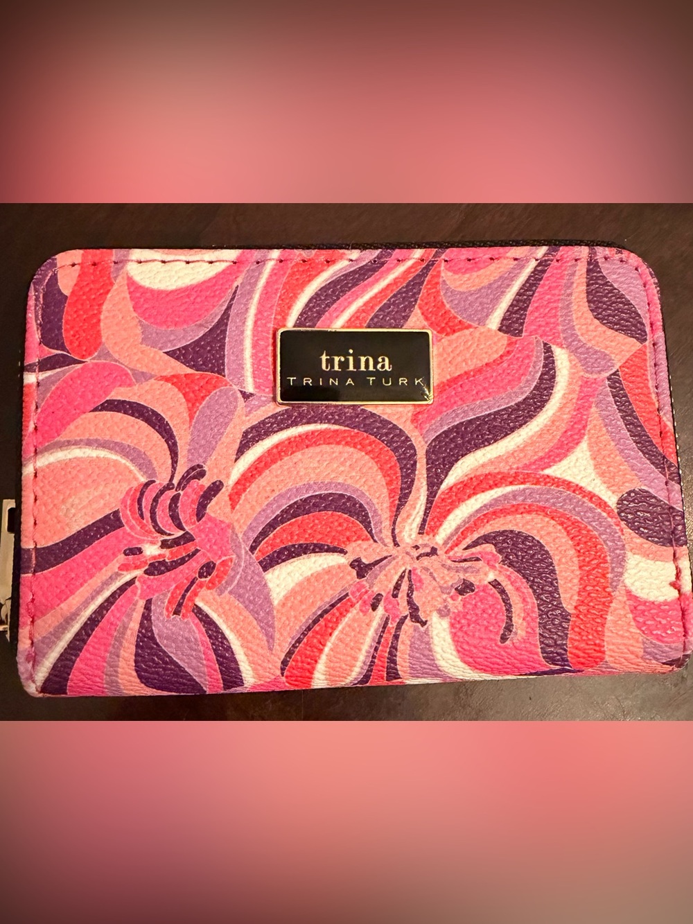 Trina Turk Pink Purple Floral Zip Pouch with Navy Trim and Gold Hardware